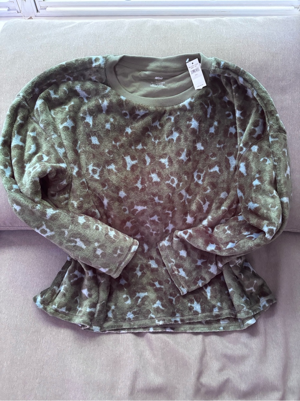 Aerie Olive Green Leopard Print Plush Pullover